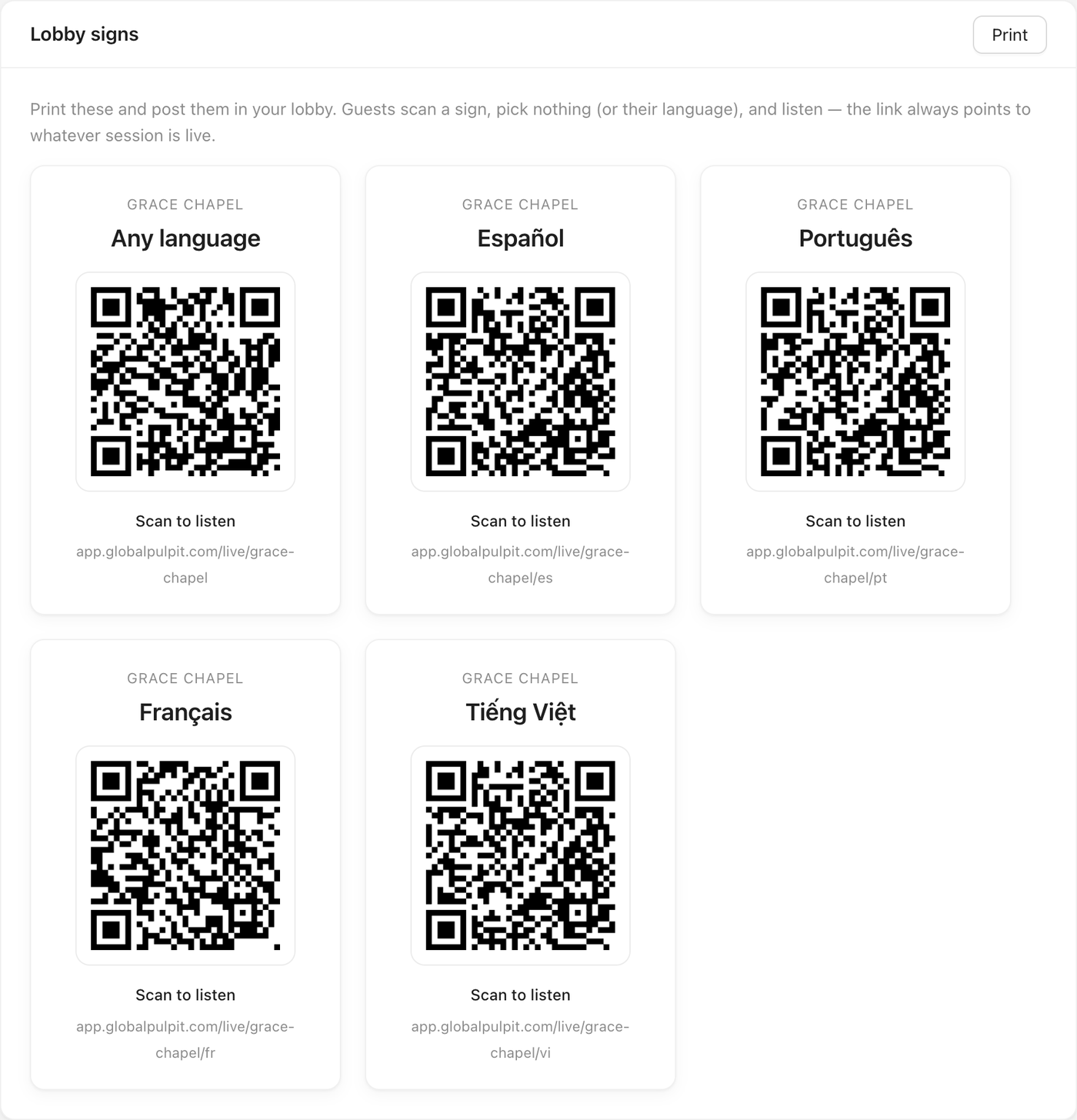 The printable lobby signs a church gets: one per language, each with its own QR code and the address it opens.